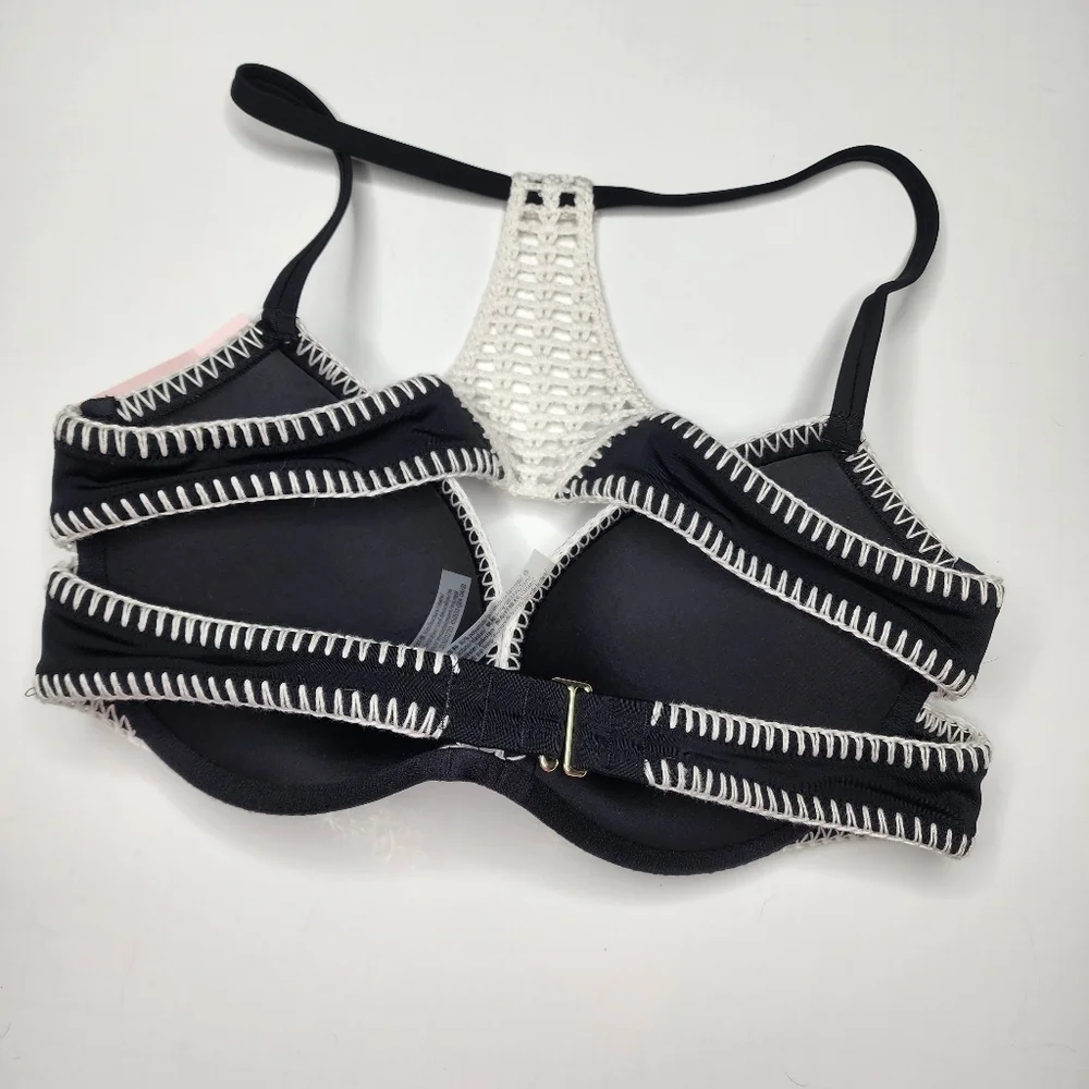 NEW Victorias Secret Bikini Top 34D Carova Crotchet Black Racerback Pushup